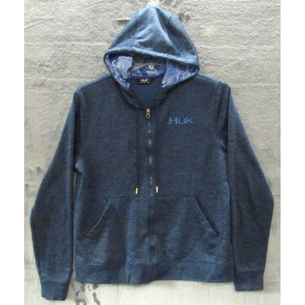 HUK Hoodie Jacket M Medium Blue with pockets full zipper draw strings Nice
